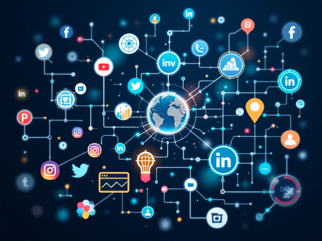 Virago Marketing 1 A professional digital illustration of a network of business icons interconnected by digital lines symbolizing social media strategy for B2B businesses